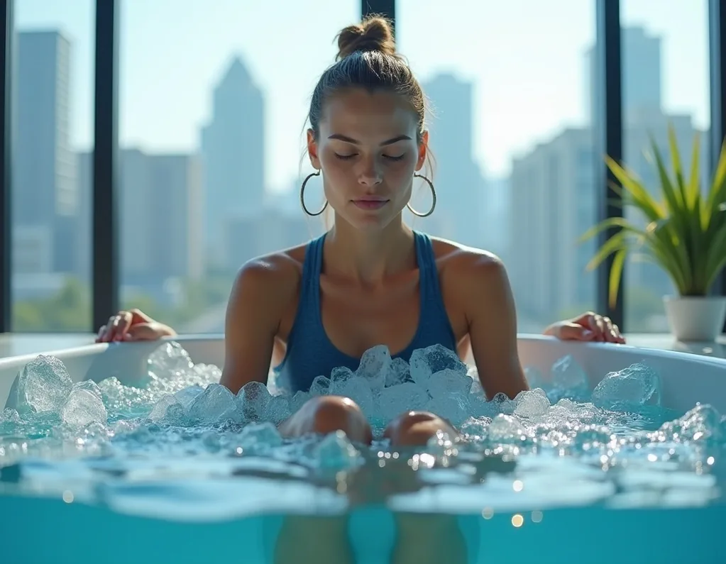 Female runner sitting in an ice bath in a bright modern home gym with ice cubes