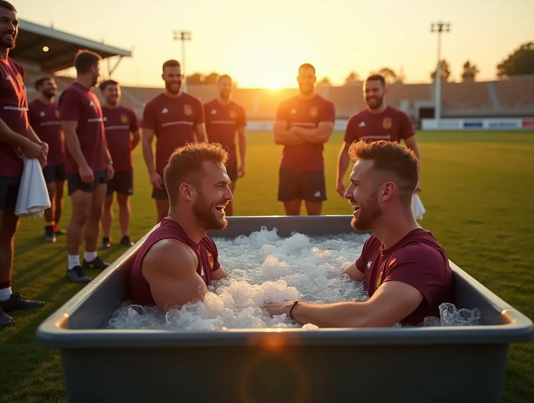 Rugby team gathered around portable folding ice baths on training field sideline
