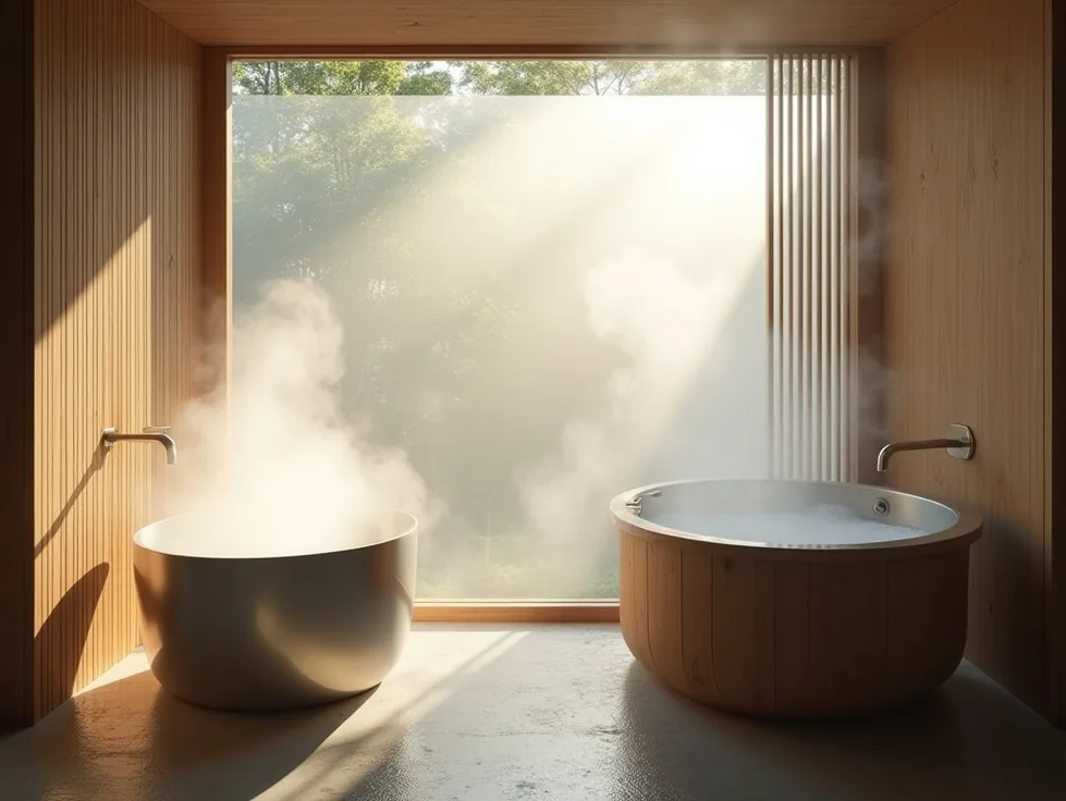 Minimalist bathroom interior with compact stainless steel cold tub beside traditional hinoki bath