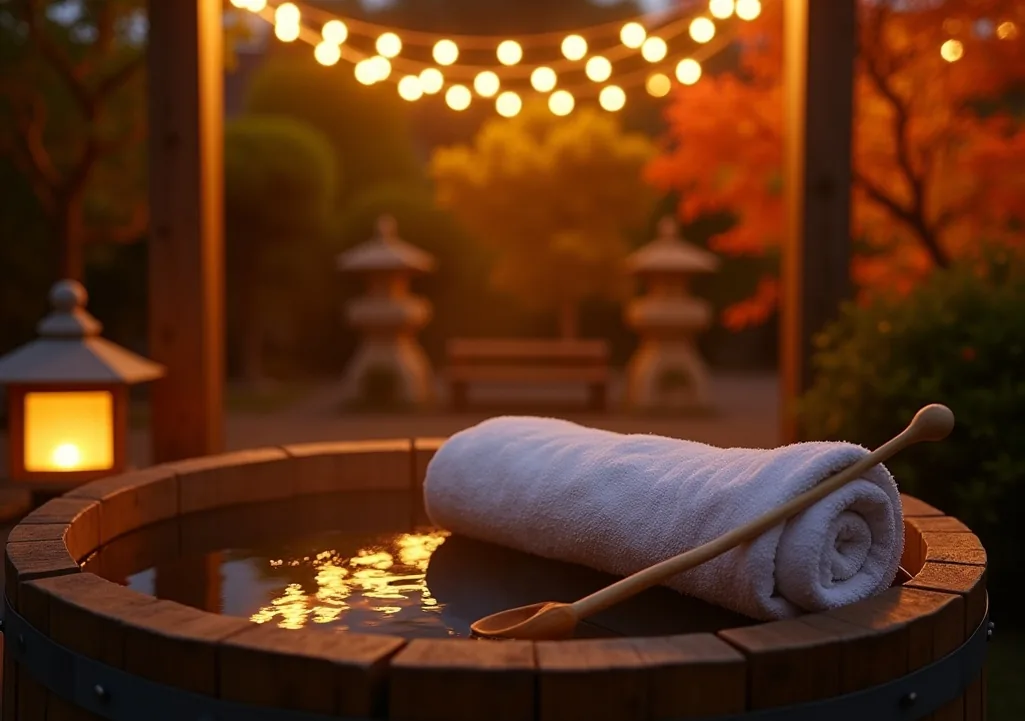 Wooden barrel cold plunge tub glowing under string lights in small Japanese garden