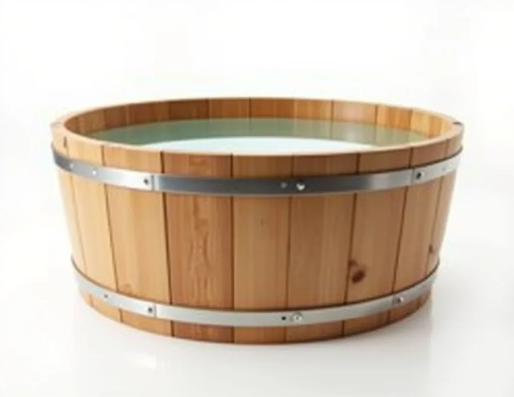 Round wooden barrel cold plunge tub made of light hinoki cypress wood